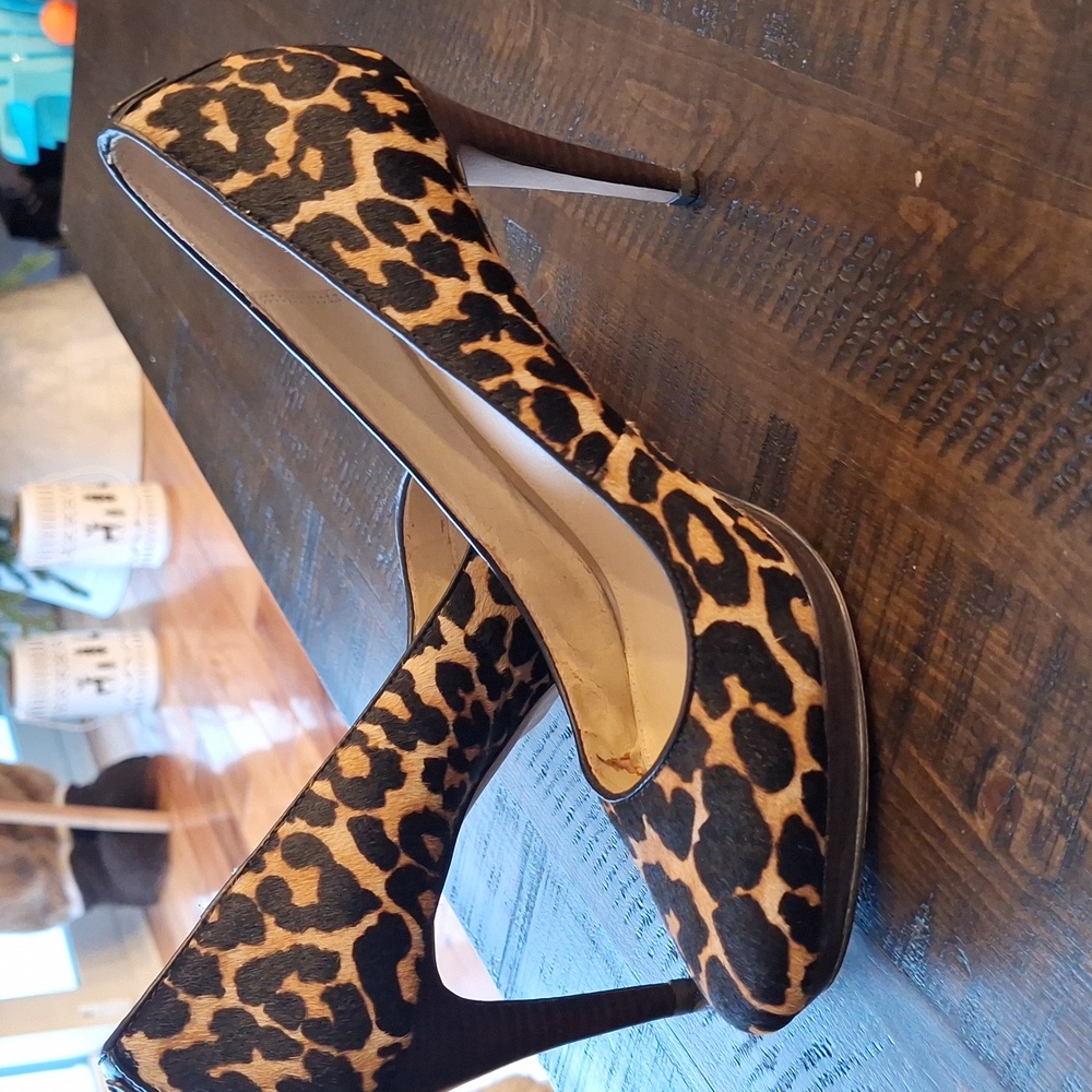 Coach Leather Leopard Print Pony Hair 4” Heels Platform Pumps